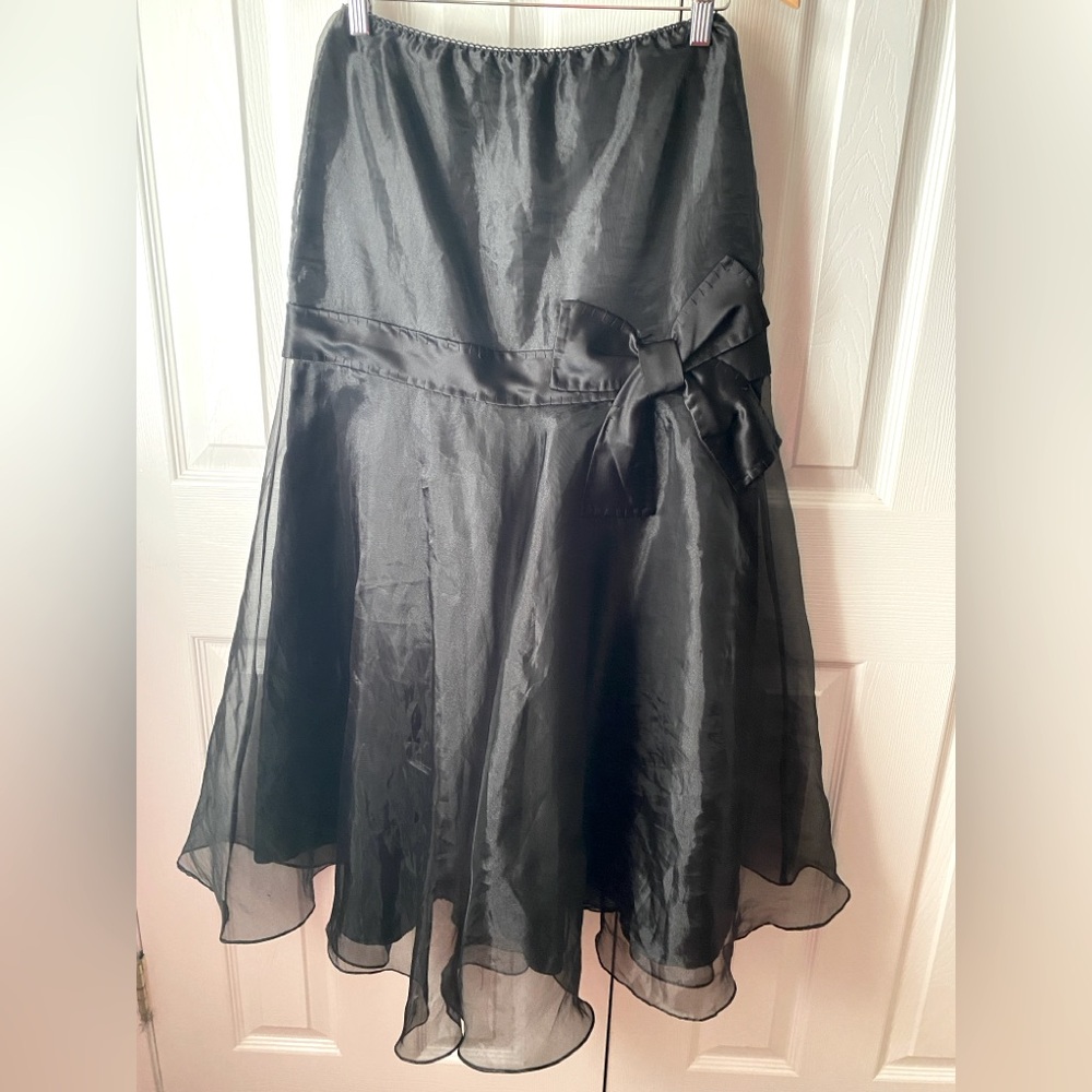 VINTAGE 90’s VICTOR COSTA Black Organza Tulle Bow Detail A-Line Maxi Skirt SZ S